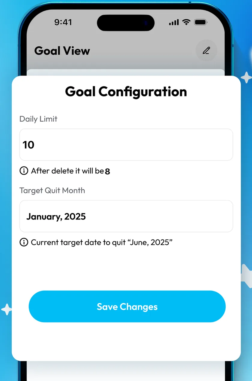 The Snuuze goal screen, with a daily limit of 10 and a target quit month.