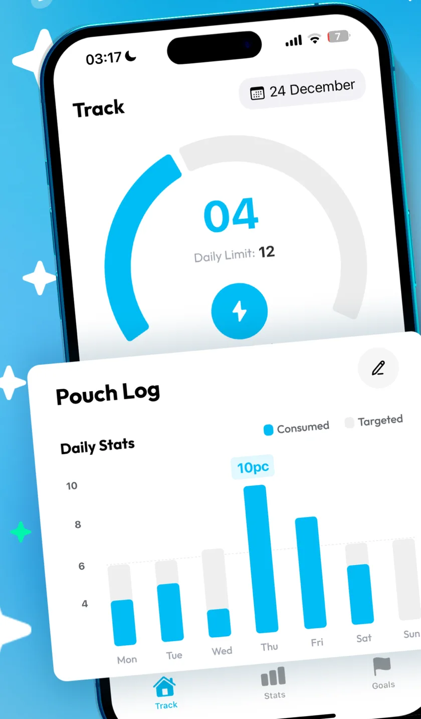 The Snuuze tracking screen, showing 4 pouches used against a daily limit of 12, above a weekly pouch log.