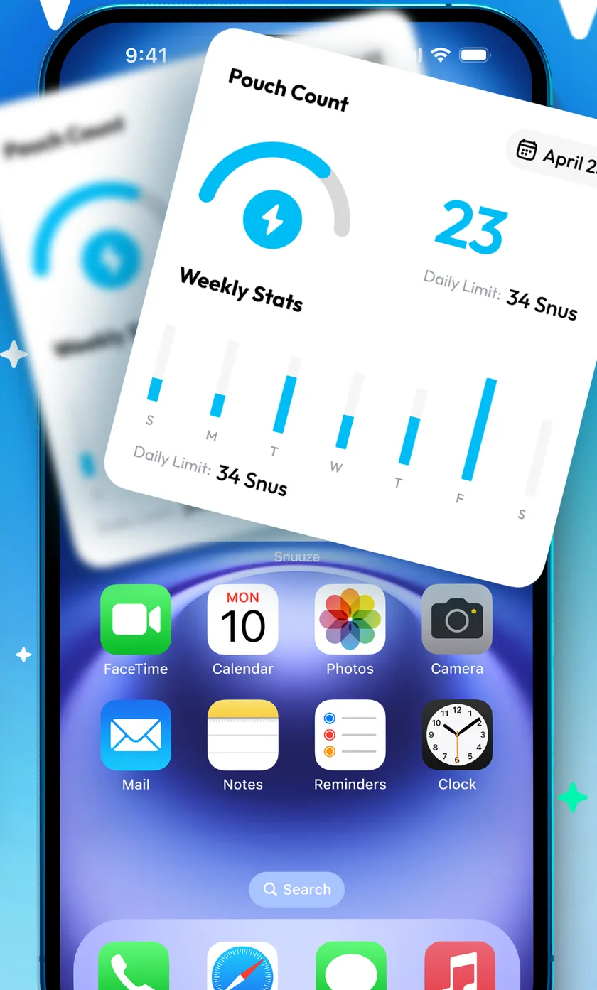 The Snuuze home screen widget, showing today's pouch count and the week's stats.